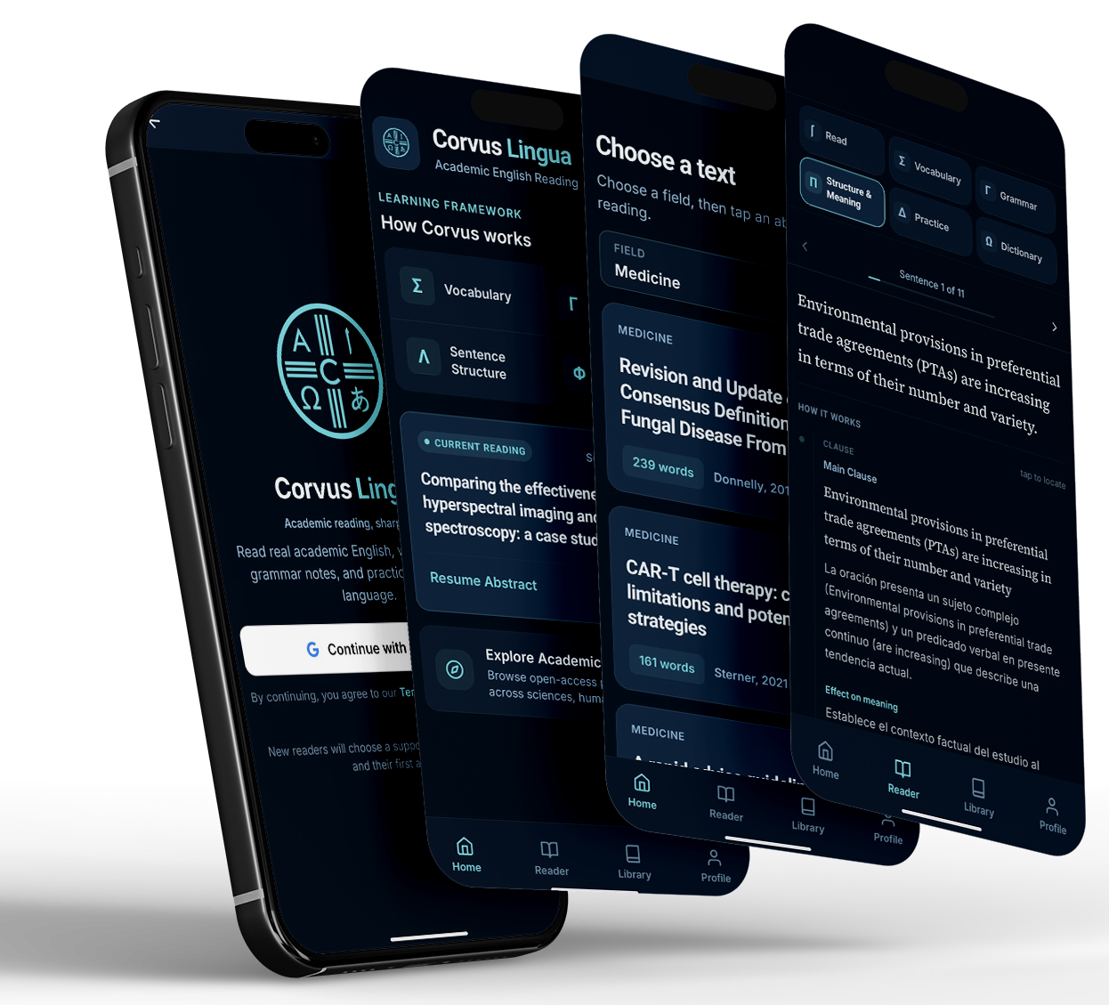 Corvus Lingua on Android — sign in, home, text picker, and the Structure & Meaning reader