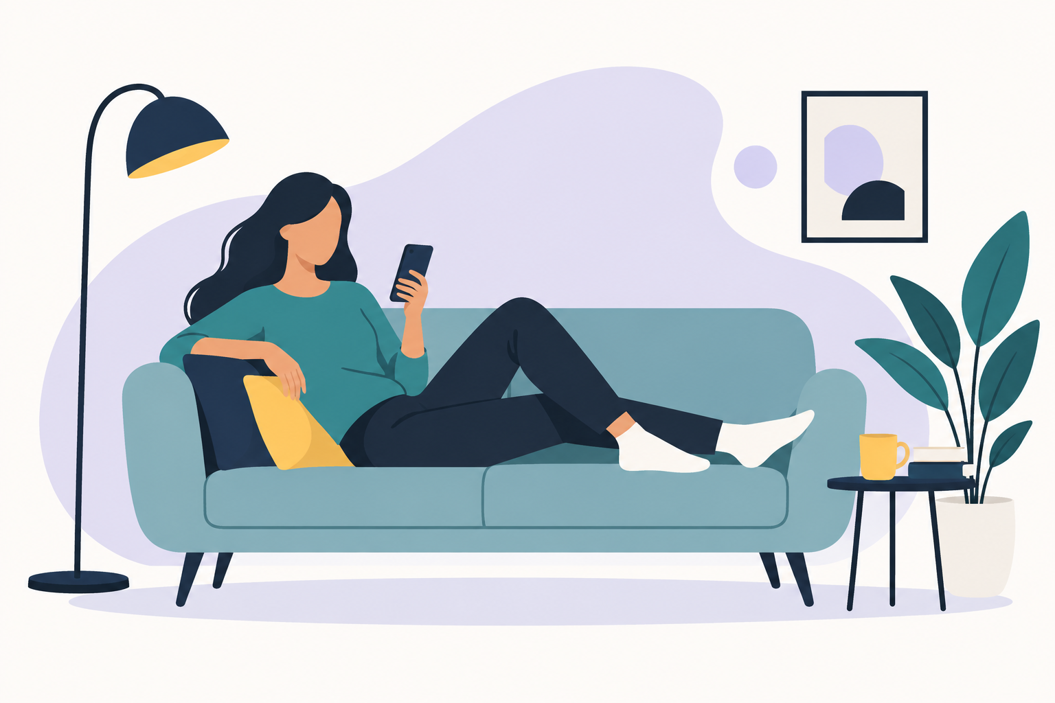 A learner reading an academic abstract on a phone while relaxing on a couch