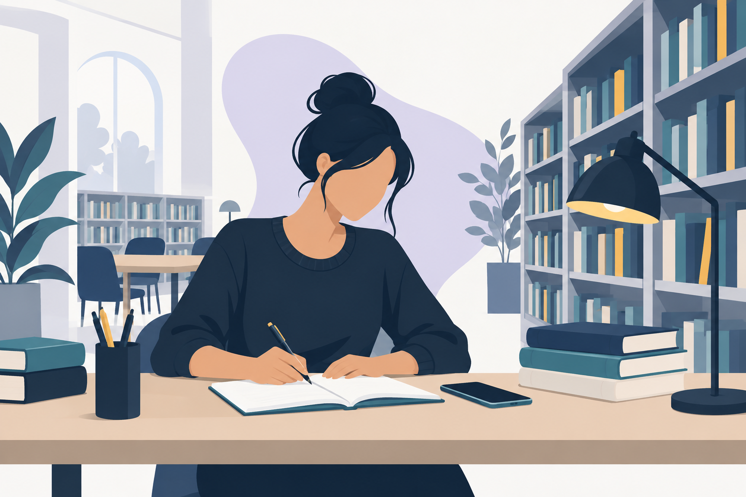 A learner making notes with pen and paper at a library desk with a phone nearby