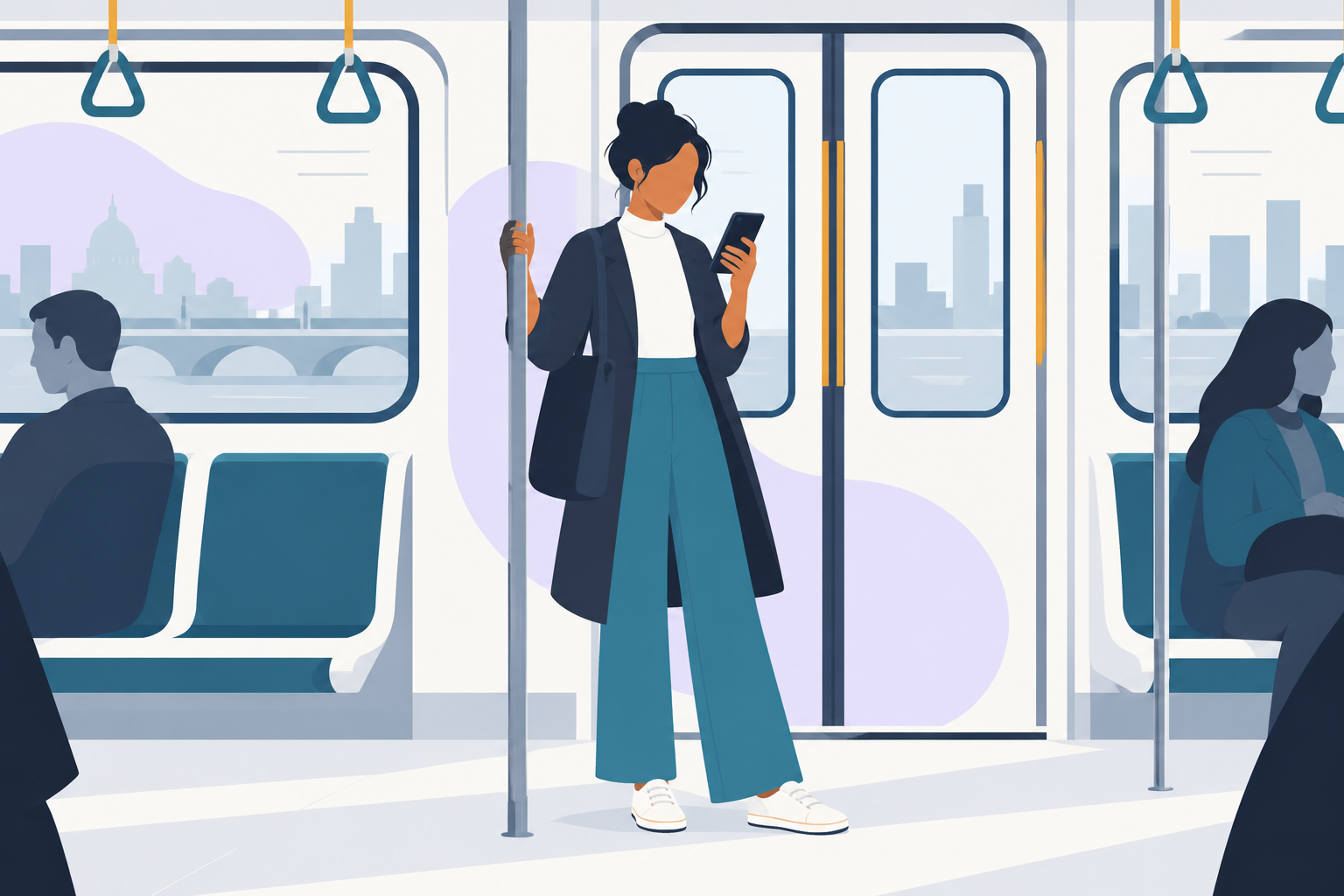 A learner reading academic English on a phone while standing in a metro carriage
